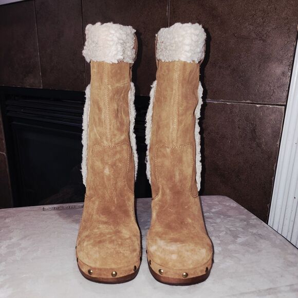 MIA Sz9 Y2K Tan Suede Faux Shearling Trim Retro Boho Hippie Wood Heel Clog Boots - Picture 2 of 11